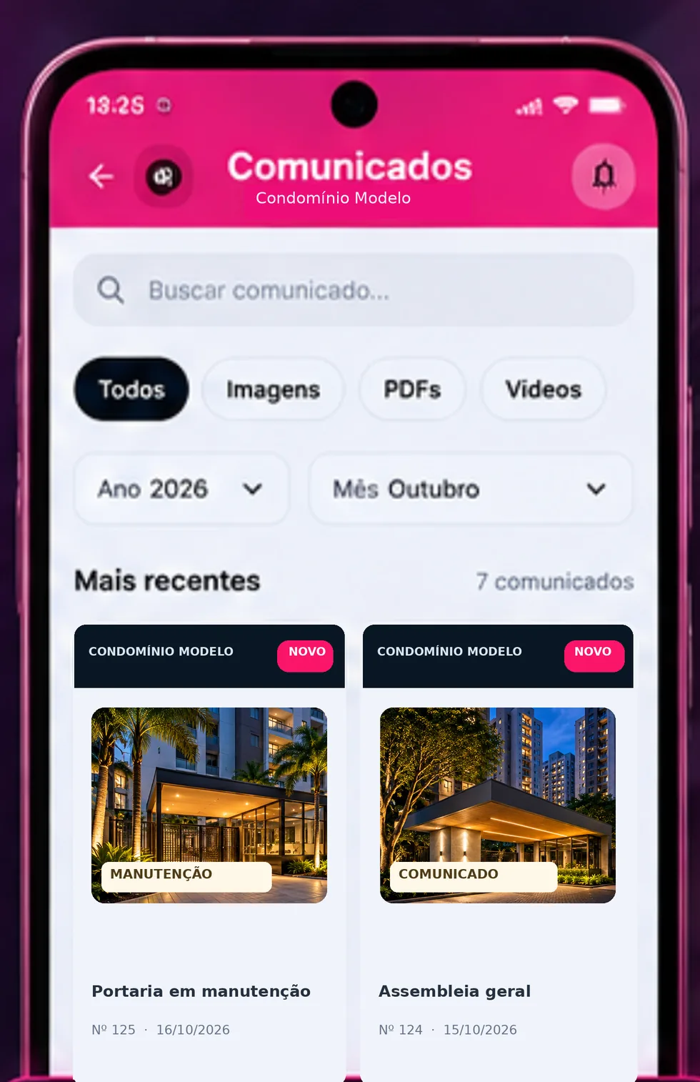 Tela de comunicados do perfil morador no S360 Lite